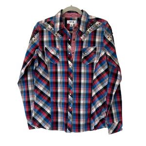 Adiktd Women’s Rodeo 4th of July Red Blue Pearl Snap Studded Top‎ Size Medium